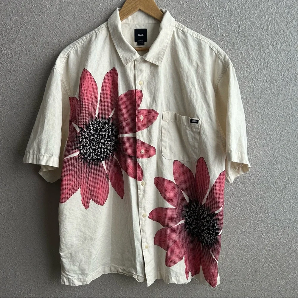 Vans Laurel Woven Cream Pink Floral Short Sleeve Cotton Linen Button Down Shirt - Picture 3 of 10